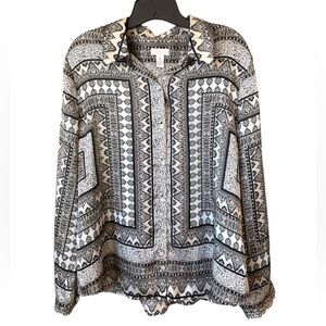 Chico’s Geometric Print Button Down Blouse Black White Size XL